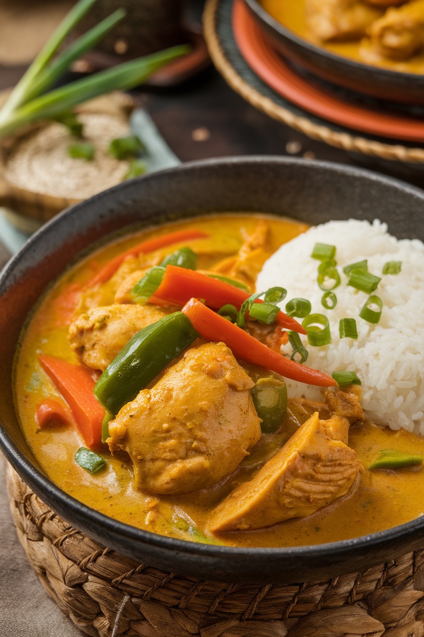 A bowl of Filipino chicken curry with tender chicken, colorful vegetables in coconut sauce, and a side of white rice.